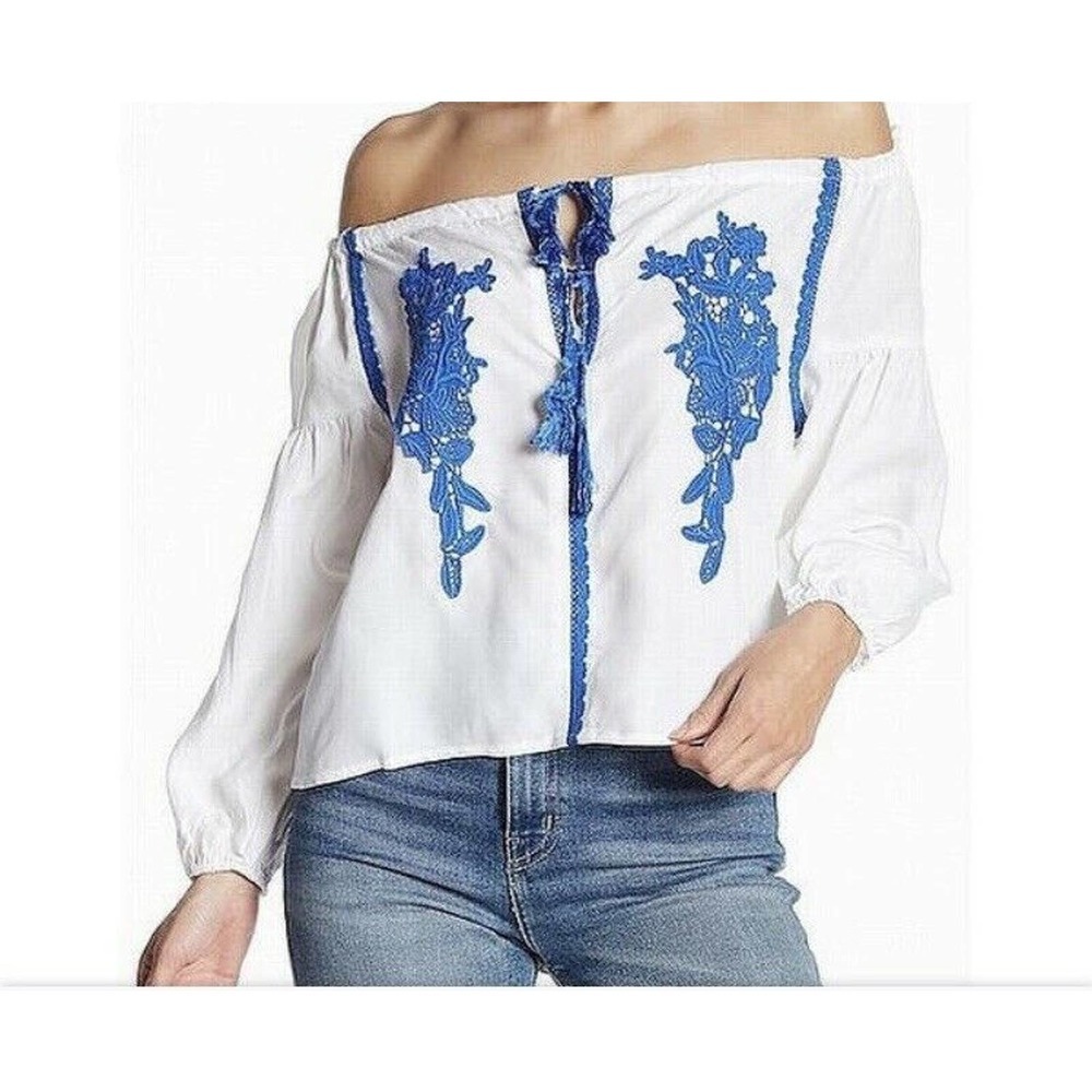 Line & Dot Blue‎ Embroidered Off the Shoulder Top